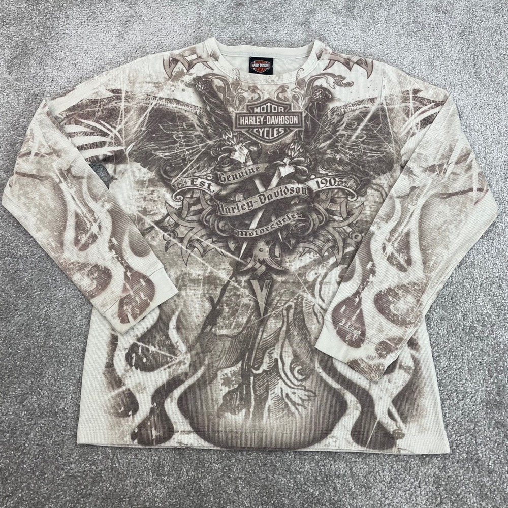 Harley Davidson Shirt Womens Large Waffle Knit Biker Y2K Eagle Flame Distressed